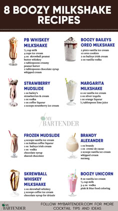 8 Boozy Milkshake Recipes Boozy Milkshake Recipes, Bourbon Chocolate, Alcoholic Treats, Boozy Milkshake, Milkshake Recipe, Mixed Drinks Alcohol