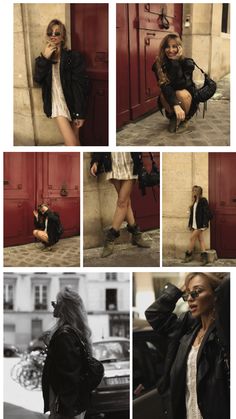 a collage of photos shows a woman leaning against a wall