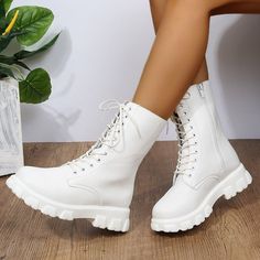 Category:Boots; Upper Materials:Faux Leather; Embellishment:Lace-up; Season:Winter,Fall,Spring; Heel Type:Flat Heel; Shaft Circumference:12-14; Gender:Women's; Platform Height:1.18; Toe Shape:Round Toe; Type:Booties Ankle Boots; Style:Casual,Gothic; Heel Height(inch):1-2; Outsole Materials:Rubber; Occasion:Daily; Closure Type:Zipper; Pattern:Solid Color; Listing Date:07/07/2023; Production mode:Self-produce; 2023 Trends:Plus Size,Combat Boots,Lace Up Boots; Foot Length:; Foot Width:; Size chart Chunky Heel Platform Boots, Chique Outfit, Women's Motorcycle Boots, White Ankle Boots, Orthopedic Shoes, Chunky Heels Boots, Estilo Punk, Platform Heels Chunky, Motorcycle Boots