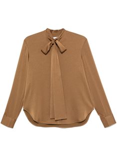 brown satin weave concealed front button fastening pussy-bow collar long sleeves buttoned cuffs curved hem Alex Perry, Bow Collar, Brown Satin, Wardrobe Edit, Yoko London, Airport Fashion, Satin Shirt, Exclusive Fashion, Jacket Tops