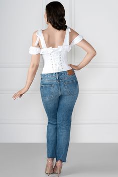 Our pure white cotton off-the-shoulder corset offers a casual approach to corsetry, with all the elegance and femininity you would expect, but in an informal cotton fabric. Ideal with a floaty summer skirt or denim jeans, this corset is perfectly tailored to flatter your waist and cover your back and chest whilst offering comfort and support. The detailing is meticulous with tiny pin tucks across the top of the bust, cuffed puffed sleeves and neat shoulder ties. Style: Regular Length,Overbust Co Suspender Clips, Compression Wear, Lace Tights, Overbust Corset, Tie Sleeve, Summer Skirts, Cool Suits, Popular Style, Pure White