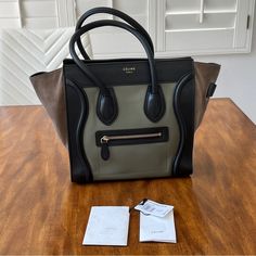 Condition - Good/Fair. No Major Marks Or Damages On The Outside. Minor Marks And Scuffs On The Inside. Lost Structure. Authentic! Tricolor / Almond. Sides In Calfskin Suede. Celine Luggage Micro, Celine Micro Luggage, Celine Bag, Tri Color, Womens Tote Bags, Calf Skin, The Outsiders, Handbags, Black