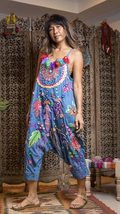 Embellished Jumpsuits And Rompers For Summer, Embroidered Cotton Jumpsuits And Rompers For Summer, Artist Overalls, Boho Overalls, Long Kimono Dress, Womens Overalls, Funky Dresses, Quirky Fashion, Lace Jacket