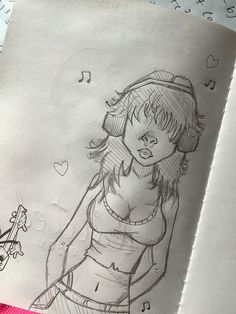 a drawing of a girl with headphones and music notes in her hair is shown