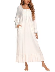 PRICES MAY VARY. √ √ √ Size Table: US Size S=4-6, US Size M=8-10, US Size L=10-12, US Size XL=14-16,US Size XXL=18-20. Size true, 100% cotton victorian nightgowns for house wear is a good choose. Please choose the right size before place order. √ √ √ Softest Material: This long sleeve victorian nightdress made by 100% cotton, lightweight and soft fabric make you so comfortable in all nightwear. Natural Drape soft make you feel relaxed. √ √ √ Unique designed: cute puff sleeve, big U neckline, but White Sleepwear, Maternity Lounge Wear, Victorian Nightgown, Cotton Loungewear, Vintage Pajamas, Pajama Dress, Cotton Sleepwear, Puff Long Sleeves, Nightgowns For Women