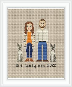 a cross stitch pattern with a man and woman standing next to each other in front of a