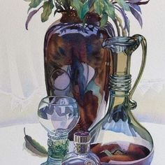 an oil painting of flowers in a vase next to a glass and bottle with water