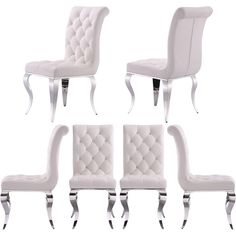 six white dining chairs with chrome legs and tufted upholstered backrests