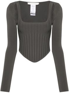 beluga grey pointelle knit corset style square neck exposed rear zip fastening detachable bolero sleeves thumb slots curved hem Dion Lee Top, Mugler Corset, Bolero Sleeves, Knit Corset, Deconstruction Fashion, Dress Reference, Pointelle Knit, Versace Outfit, Yoko London