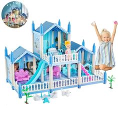 DIY dollhouse playset comes with 5 rooms and 21 accessories such as doll toy figure, stairs, dog, furniture and accessories, colorful string light, etc. Kids can role play with friends and decorating the house, playing with pets. Our dollhouse girls dreamhouse pretend play set helps stimulate kid's imaginative, pretend playhouse design permits active play and story telling, while also promoting communication, reasoning and intellectual thinking. Girls need to build their own house by themselves. Blue Dollhouse, Playhouse Design, Kids Pretend Play Toys, Girls Playhouse, Wooden Dolls House Furniture, Dollhouse Living Room, Girls Dollhouse, Kids Play Set, Accessories Colorful