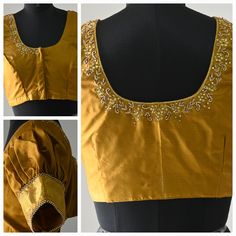 kanchipuram silk blouse with beautiful hand emb (aari ) done with golden beads and stones. It can be customized to any colour and  size. Pl leave a msg for customization. Product colour may slightly vary due to photographic lighting sources or your device settings. For customization i will send you the measurement chart which you can fill and send it back to me . I ship to all places except germany. Standard shipment takes 30 working days  Speed takes 20 working days . Express takes 5 working da Golden Colour Aari Work Blouse, Gold Art Silk Choli With Dabka Work, Yellow Raw Silk Blouse With Zari Work, Designer Dola Silk Gold Blouse Piece, Gold Silk Tops With Cutdana Detailing, Yellow Art Silk Blouse With Dori Work, Silk Blouse With Dabka Work For Weddings, Silk Wedding Blouse With Dabka Work, Yellow Dola Silk Blouse For Wedding