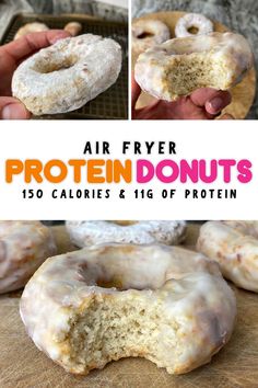 a collage of photos showing different types of doughnuts and the words, air fryer protein donuts 150 calories