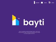 the bayti logo is shown on a purple background with blue and yellow accents,