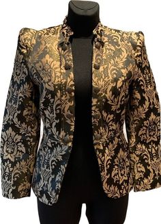 Vintage 1990s style olive green and gold brocade jacket. In excellent condition. Size EU 38 UK 10 US M MEASUREMENTS The total length of the top: is 67 cm 26.4 inches Waist 74cm 29.1inch Chest 90cm 36.2 inch Sleeve 63cm 24.8inc Brocade Jackets Women Indian, Fall Party Brocade Outerwear, Elegant Gold Brocade Blazer, Vintage Gold Blazer For Fall, Vintage Gold Blazer For Winter, Gold Vintage Blazer For Winter, Fall Brocade Long Sleeve Outerwear, Fall Long Sleeve Brocade Outerwear, Fitted Brocade Outerwear For Fall