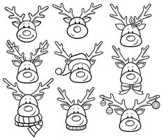 christmas reindeers with hats and scarves on their heads are drawn in black and white