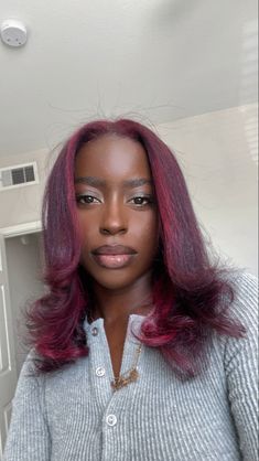 Red hair silk press Red Silk Press, Cherry Red Hair On Brown Skin, Burgundy Hair Dark Skin, Burgundy Hair Dark, Red Hair On Brown Skin, Future Hairstyles, Cherry Red Hair, Hair Dark, Burgundy Hair