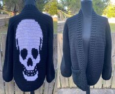 two knitted sweaters with a skull on them