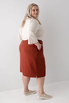 Meet the 'Lauren' Everyday Knit Skirt, the ultimate blend of comfort and style! Designed with soft, high-quality knit fabric, this skirt is your next go-to piece for everyday wear – perfect for running errands, meeting friends for coffee, or simply lounging at home. For a casual daytime look, pair this skirt with a simple tee and sneakers! Exclusively designed by us with you in mind. Taupe 48% Cotton 48% Polyester 4% Spandex Rust 60% Cotton 40% Polyester Hand Wash Cold Do Not Bleach Hang to Dry Low Iron if Needed Do Not Dry Clean Fully Lined 2" Side Slits Model in Rust Height 5'9" | Wearing Size Small Model in Rust Height 5'8" | Wearing Size 1X Model in Taupe Height 5'5" | Wearing Size Small Please carefully measure a similar item before placing your order to allow for the best fit and als Relaxed Fit Skirt For Workwear In Fall, Casual Knit Skirt For Loungewear, Fall Daywear Midi Skirt, Midi Skirt For Daywear In Fall, Fall Pleated Skirt For Daywear, Casual Knit Skirt For Work, Everyday Lined Midi Skirt, Knit Skirt For Spring Loungewear, Fall Relaxed Lined Pencil Skirt