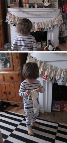 two pictures of a little boy in pajamas