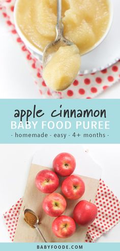 apple cinnamon baby food puree in a bowl with spoon and apples on the side