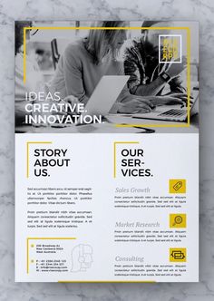 a white and yellow flyer for an event with two people working on laptops in the background