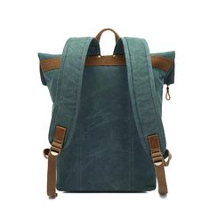 a green backpack with brown straps on the front and side pockets, sitting against a white background