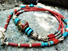 Bohemian Turquoise And Red Coral Necklaces, Hand-strung Red Coral Beaded Necklace For Gifts, Multi-strand Red Coral Beaded Necklace As Gift, Adjustable Hand-strung Red Coral Beaded Necklaces, Artisan Hand-strung Red Coral Necklace, Tibetan Turquoise, Big Hoop Earrings, S Hook, Bronze Ring