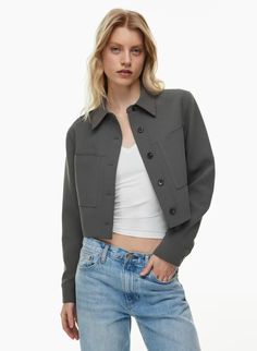 LITTLE CROPPED JACKET | Aritzia Aritzia Shirt Jacket, Jacket Aritzia, Weather Women, Womens Cropped Jacket, Japanese Crepe, Melina Pant, Aritzia Jacket, Olive Skirt, Crop Top Jacket