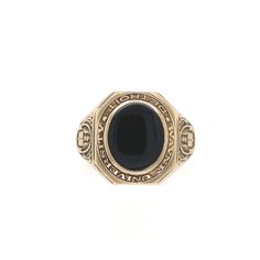 All of our jewelry is guaranteed authentic by our Graduate Gemologist of the Gemological Institute of America (GIA). 10k Gold Men's Class Ring c.1940s w/ Genuine Natural Black Onyx Size 10.5 #J6631 10k yellow gold class ring for the Wayne University of Detroit by Josten featuring an oval black onyx. The onyx measures about 12mm x 10mm. Possibly made in 1943, but date is worn and hard to read. Some initials engraved on the inside. Solid on the underside and weighty. The ring fits a size 10.5 and Vintage Black Engraved Round Ring, Formal Oval Jewelry With Maker's Mark, Classic Formal Engraved Ring With 17 Jewels, Classic Engraved Ring With 17 Jewels For Formal Occasions, Black Engraved Ring With Polished Finish For Formal Occasions, Vintage Black Oval Engraved Ring, Classic Black Signet Ring For Formal Occasions, Formal Onyx Rings, Classic Black Enamel Signet Ring For Formal Occasions