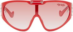 Wraparound shield-style polymer-frame sunglasses in red. · BPA-free, lightweight, and impact-resistant · Shatterproof and scratch-resistant gradient red lens · Category 1 protection · Logo printed at lens · Crystal-cut graphic hardware at face and temples · Integrated nose pads · Cutout and beaded metal detailing at temples · Logo printed at temple tip · Includes sculptural case and faux-fur pouch · Size: 138. 120 Part of the Le Specs x Ian Charms collaboration. Supplier color: Flame red Modern Red Shield Sunglasses With Gradient Lenses, Modern Red Tinted Shield Sunglasses, Red Modern Shield Sunglasses With Uv Protection, Modern Red Shield Sunglasses With Uv Protection, Red Shield Sunglasses With Tinted Lenses For Outdoor, Outdoor Red Shield Sunglasses With Tinted Lenses, Red Modern Shield Sunglasses With Polarized Lenses, Modern Red Polarized Shield Sunglasses, Modern Red Shield Sunglasses With Polarized Lenses