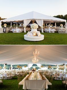 wedding reception setup with chandeliers and tables in the grass at sunset or dawn