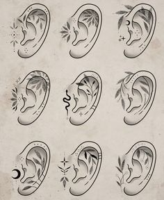 the different types of ear piercings are shown in black and white, with leaves on them