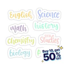 stickers with the words science, math, history, social studies and 50 % off