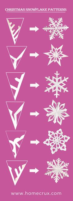 snowflakes are shown in white on a pink background with the words christmas snowflakes