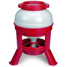 a red and white plastic water dispenser on a white background with the lid open