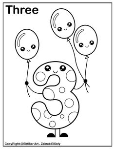 the number three coloring page with balloons