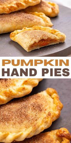 pumpkin hand pies on a baking sheet with text overlay that says pumpkin hand pies