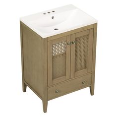 a white sink sitting next to a wooden cabinet with perfored doors and drawers