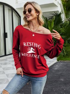 Resting Witch Face Halloween Sweatshirt Red Long Sleeve T-shirt For Halloween, Long Sleeve Slogan Top For Fall, Red Long Sleeve Top For Halloween, Red Long Sleeve Tops For Halloween, Halloween Long Sleeve Relaxed Fit T-shirt, Long Sleeve Halloween Streetwear Top, Long Sleeve Tops For Halloween Streetwear, Red Crew Neck Top For Halloween, Red Long Sleeve Sweatshirt For Halloween