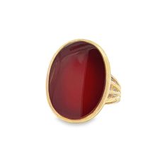 Superb Vintage Georgian Style Carnelian 9ct Gold Oval Signet Ring. This very well made ring has a oval shaped carnelian in the centre which is set to a rubover setting. Unusually, there is a ribbed design on the shoulders of the ring.  Manufactured in 9ct gold.   Carnelian measures approx. 24.7mm x 17.8mm and 2.6mm in depth.  Head of the ring measures approx. 26.8mm x 20.1mm and 7.3mm in depth.  Shank measures 3.2mm in width.  Ring weighs 10.5g. This is a quality ring. UK hallmarked 9ct gold. Da Formal Oval Carnelian Signet Ring, Formal Carnelian Oval Signet Ring, Oval Carnelian Gemstone Signet Ring, Vintage Oval Carnelian Signet Ring, Vintage Oval Carnelian Rings, Heirloom Carnelian Oval Rings, Oval Signet Ring, Gold Signet Ring, Vintage Jewellery