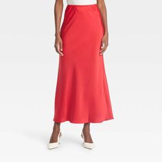 Dress up for brunches, lunches or dinners in chic style with this Maxi Slip Skirt from A New Day™. This maxi-length slip skirt is made from lightweight satin fabric for all-day comfort, while the full elastic waistband lends a secure fit. Tailored in a high-rise silhouette with a slim fit for a flattering look, you can pair this skirt with your fave tops and footwear for versatile ensembles. A New Day™: Style that goes wherever you do. Red Slip Skirt Outfit, Maxi Slip Skirt, Head Turning Outfits, Midi Sweater Skirt, Target Clothes, Red Maxi, Over 50 Womens Fashion, Slip Skirt, Women Maxi