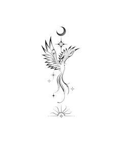 a black and white drawing of a bird with stars