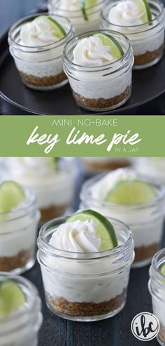 mini no - bake key lime pies in small glass jars on a black plate