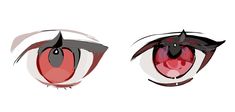 an anime character's eyes with red and white colored irises on the side