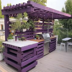 an outdoor kitchen made out of pallets with plants growing on the top and outside