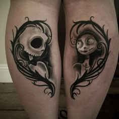 two tattoos on the legs of people with skulls and flowers in them, one has a skull