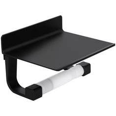 a black shelf with a white handle on it