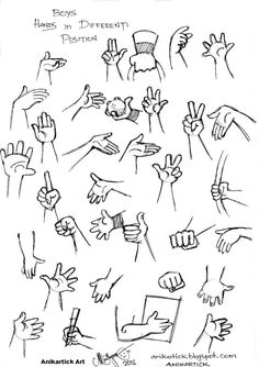 hand gestures drawn in black and white with the words hands on different parts of it