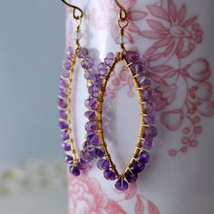 Genuine Amethyst Earrings Wire Wrapped Marquise Handmade Gold Amethyst Gemstones, Handmade Gold Gemstones For Jewelry Making, Handmade Amethyst Jewelry, Handmade Amethyst Earrings For Wedding, Gold Teardrop Gemstones, Gold Amethyst Jewelry With Stones, Handmade Amethyst Wedding Earrings, Teardrop Amethyst Stone Jewelry, Gold Teardrop Earrings With Stones