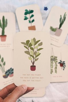 a person holding up some cards with plants on them and the words, the day you plant